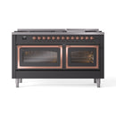 Matte graphite dual fuel range with copper trim, both oven doors closed, 9 burner knobs