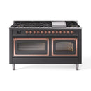 Matte graphite dual fuel range with copper trim; burners on top, double oven doors open