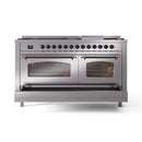 ILVE 60-Inch Nostalgie II  Propane Gas Dual Fuel Range  with 9 Burners, Griddle and Triple Glass Door Oven in Stainless Steel with Bronze Trim (UP60FNMPSSB)