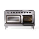 ILVE 60-inch dual fuel range with both oven doors open, showing stainless interior racks