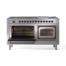 ILVE 60-inch dual fuel range with left oven door open, showing illuminated oven interior and rack