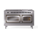 Stainless steel dual fuel range with two glass-front ovens and control knobs