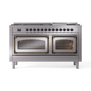 ILVE 60-inch dual fuel range with stainless cooktop control knobs and bronze-trim double oven windows