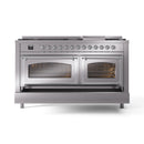Stainless steel dual fuel range with two glass oven windows and chrome trim