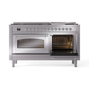 Stainless steel dual fuel range with one oven window and one oven door open