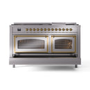 Stainless steel dual fuel range with two brass-trimmed glass oven doors