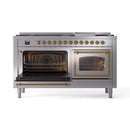 Dual fuel range with one oven door open, brass trim, and interior racks