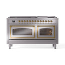 Stainless steel dual fuel range with two brass-trimmed glass oven doors