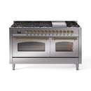 ILVE 60-Inch Nostalgie II  Propane Gas Dual Fuel Range  with 9 Burners, Griddle and Triple Glass Door Oven in Stainless Steel with Brass Trim (UP60FNMPSSG)