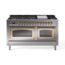 Stainless steel range front view with two oven doors and brass-trim handles
