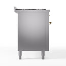 ILVE 60-Inch Nostalgie II  Propane Gas Dual Fuel Range  with 9 Burners, Griddle and Triple Glass Door Oven in Stainless Steel with Brass Trim (UP60FNMPSSG)