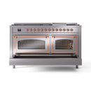 Stainless steel dual fuel range with copper-trimmed oven doors and open compartments