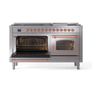 Dual fuel range with right oven door open and copper-trimmed door frame