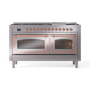 Stainless steel dual-fuel range with two oven windows, copper-trim accents, front view