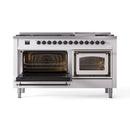White range with both oven doors open, illuminated interiors and oven racks