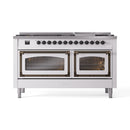 White range with two closed glass oven doors and bronze handles, burners on top