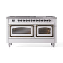 White dual-fuel range front view with two ovens and bronze-trim door frames