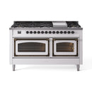 White dual-fuel range with bronze-trim knobs, two ovens, and black burner grates