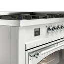 ILVE dual fuel range control panel with knob row, digital display, and oven handle