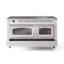White dual fuel gas range with dual ovens and chrome-trimmed doors