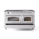 ILVE 60-inch dual fuel range, white with chrome trim, front view with closed ovens