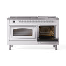 White dual fuel gas range with both oven doors open, showing interior racks