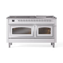 ILVE 60-inch dual fuel range, white with chrome trim, front view with closed oven doors