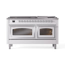 White dual fuel gas range with both oven doors closed and glass windows