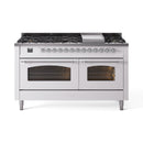 ILVE 60-Inch Nostalgie II  Propane Gas Dual Fuel Range  with 9 Burners, Griddle and Triple Glass Door Oven in White with Chrome Trim (UP60FNMPWHC)