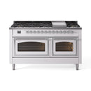 White dual fuel gas range with burners on top and dual ovens closed