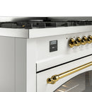 ILVE Nostalgie II 60 inch Propane Gas Range with 10 Sealed Burners, Griddle with Triple Glass Door in White with Brass Trim