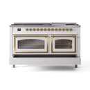 White dual-fuel range with brass-trimmed double oven doors and glass windows