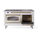 White dual-fuel range with left oven door open, showing black interior racks