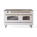 ILVE Nostalgie II 60 inch Propane Gas Range with 10 Sealed Burners, Griddle with Triple Glass Door in White with Brass Trim