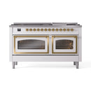 White dual fuel range with brass trim, two ovens with glass windows, and burner knobs