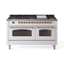 ILVE Nostalgie II 60 inch Propane Gas Range with 10 Sealed Burners, Griddle with Triple Glass Door in White with Brass Trim