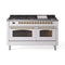 ILVE Nostalgie II 60 inch Propane Gas Range with 10 Sealed Burners, Griddle with Triple Glass Door in White with Brass Trim