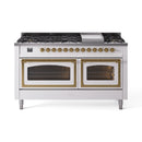 White dual-fuel range with multiple sealed burners and brass-trimmed oven doors