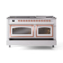 White dual fuel range front view with copper-trimmed oven doors closed