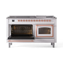 White dual-fuel range with copper-trim oven doors open, burners visible across the back.