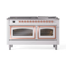 White dual fuel range with copper-trimmed doors showing oven interiors
