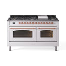ILVE 60-Inch Nostalgie II Dual Fuel Range with 9 Burners, Griddle and Triple Glass Door Oven in White with Copper Trim (UP60FNMPWHP)