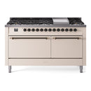 ILVE 60-Inch Nostalgie II  Propane Gas Dual Fuel Range  with 9 Burners, Griddle and Solid Door Oven in Antique White with Bronze Trim (UP60FQNMPAWB)