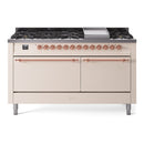 ILVE 60-Inch Nostalgie II  Propane Gas Dual Fuel Range  with 9 Burners, Griddle and Solid Door Oven in Antique White with Copper Trim (UP60FQNMPAWP)