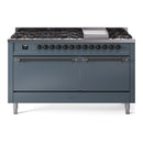 ILVE 60-Inch Nostalgie II Dual Fuel Range with 9 Burners, Griddle and Solid Door Oven in Blue Grey with Bronze Trim (UP60FQNMPBGB)