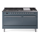 ILVE 60-Inch Nostalgie II Dual Fuel Range with 9 Burners, Griddle and Solid Door Oven in Blue Grey with Chrome Trim (UP60FQNMPBGC)