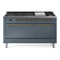 ILVE 60-Inch Nostalgie II Dual Fuel Range with 9 Burners, Griddle and Solid Door Oven in Blue Grey with Brass Trim (UP60FQNMPBGG)