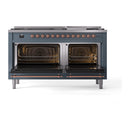 ILVE 60-Inch Nostalgie II  Propane Gas Dual Fuel Range  with 9 Burners, Griddle and Solid Door Oven in Blue Grey with Copper Trim (UP60FQNMPBGP)