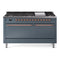 ILVE 60-Inch Nostalgie II  Propane Gas Dual Fuel Range  with 9 Burners, Griddle and Solid Door Oven in Blue Grey with Copper Trim (UP60FQNMPBGP)