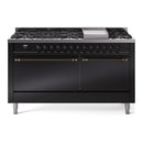 ILVE 60-Inch Nostalgie II Dual Fuel Range with 9 Burners, Griddle and Solid Door Oven in Glossy Black with Bronze Trim (UP60FQNMPBKB)